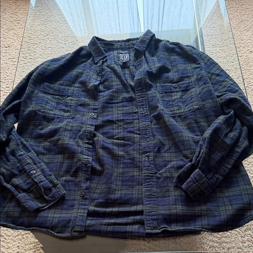 GAP Navy and Green Plaid Button-Up Shirt
